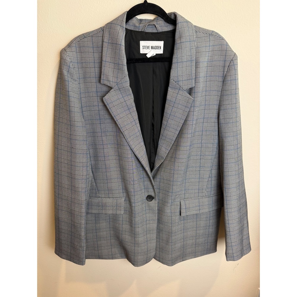 Steve Madden Womens Grey Glen Plaid Single Button Blazer Jacket Size L